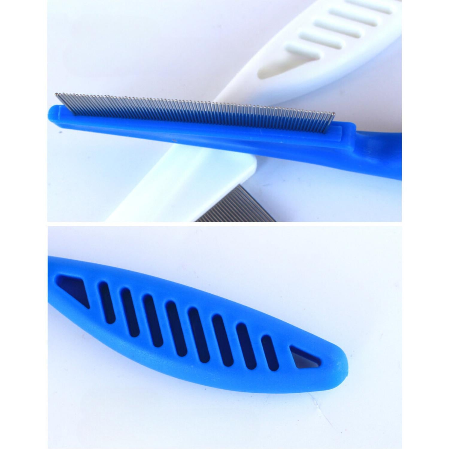 vlooienkam voor honden en katten blauwe witte vlooienkammen gekruist en handvat detail